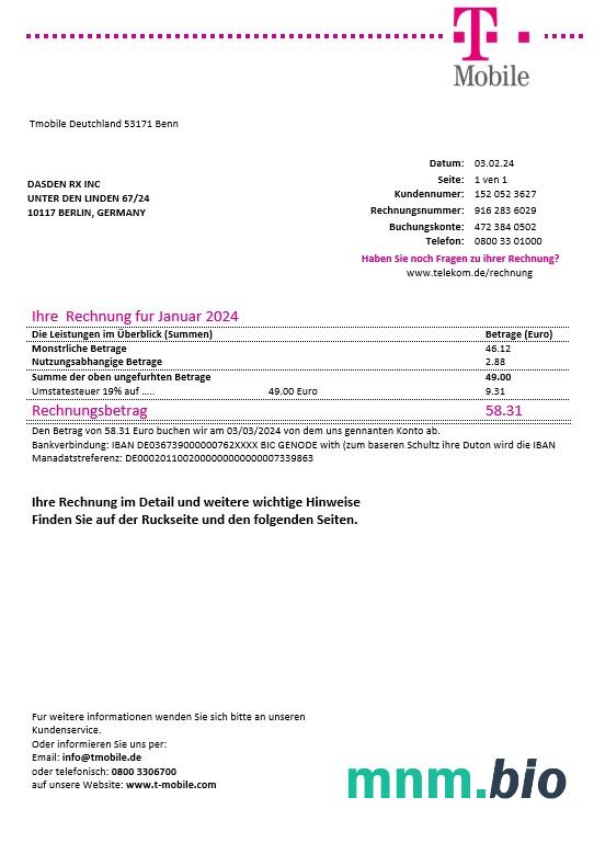 Niemcy T Mobile rachunek za usługi komunalne szablon w formacie Word i PDF